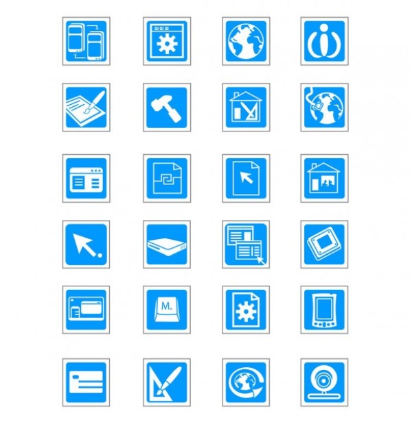 24 Blue Technology Square Web Vector Icons Set white webcam web vector unique ui elements tools technology stylish quality original new keyboard interface illustrator icons home high quality hi-res HD graphic fresh free download free elements electronic download detailed design creative blue   