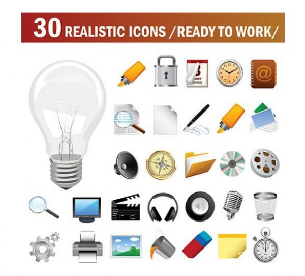 20 Realistic Work Vector Icons Set zoom work web vector unique ui elements trash stylish speaker reel quality original notebook new microphone mail lock light bulb interface illustrator icons icon high quality hi-res HD graphic fresh free download free folder felt pen elements download detailed design creative compass clock clapboard cd calendar   