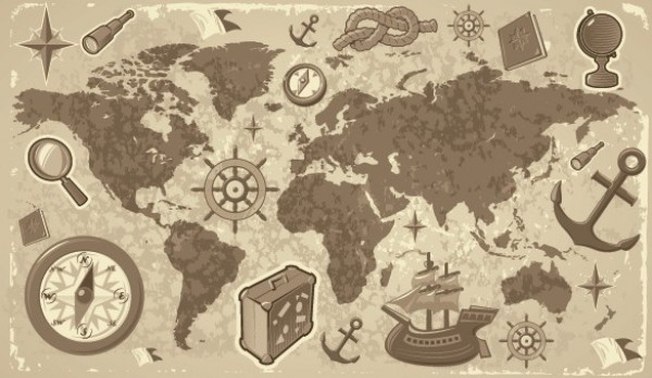 Old World Vector Map with Sea Faring Elements world map web weathered vintage vector unique ui elements travel stylish sailors knot quality original old world map old new luggage interface illustrator high quality hi-res HD graphic globe fresh free download free eps elements download detailed design creative compass boat atlas antique anchor   
