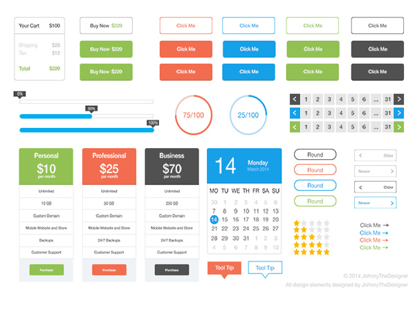 Colored Web UI Elements Kit ui set ui kit star rating shopping cart progress bars pricing tables pagination loaders flat calendar buy now buttons buttons   