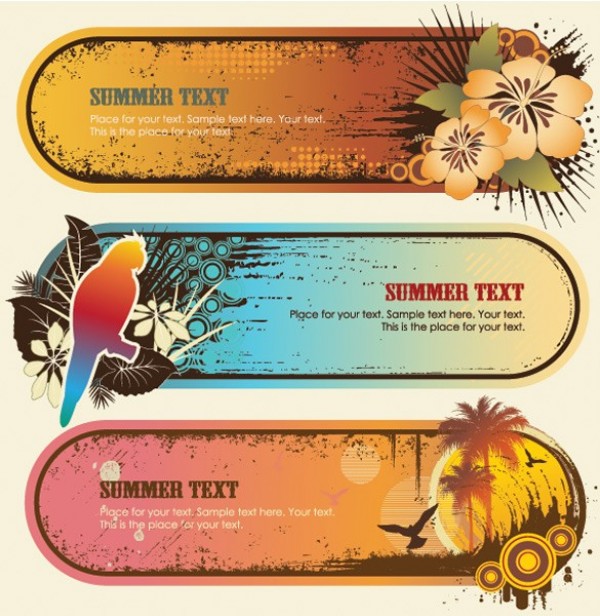 10 Grunge Tropical Vector Banners Set web vector unique ui elements tropical flowers tropical summer stylish retro quality parrots palms original new interface illustrator high quality hi-res HD grungy grunge graphic fresh free download free elements download detailed design creative banners   