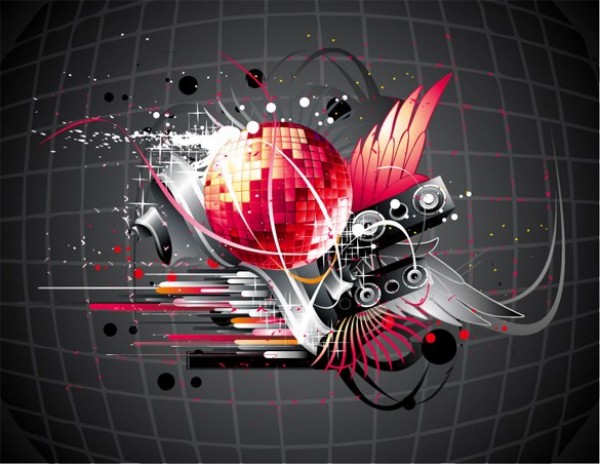 Flying Disco Ball Music Abstract Vector Background wings web vector unique swirls stylish red quality poster original musical music illustrator high quality grey graphic fresh free download free flying flyer eps download disco ball disco design creative background abstract   