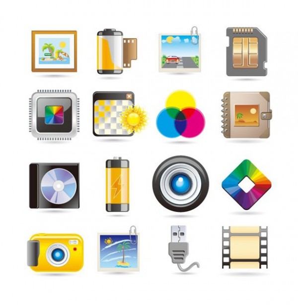16 Photography Related Vector Icons Set web vector usb unique ui elements stylish snapshot quality picture frame photography photo album photo original new memory card interface illustrator icons icon high quality hi-res HD graphic fresh free download free film elements download detailed design creative color camera   