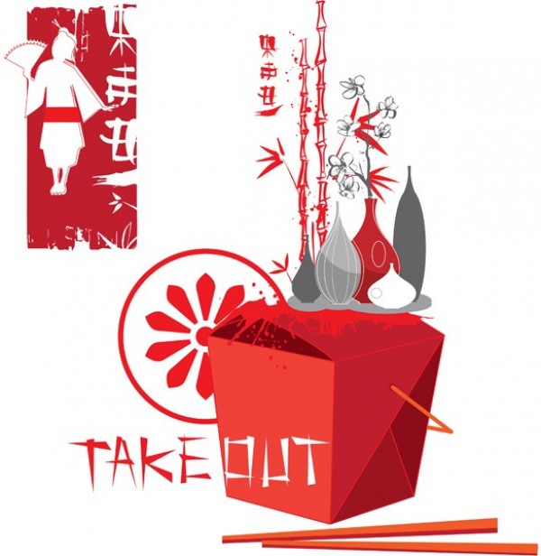 Oriental Red Take-Out Vector Illustration web vector unique ui elements takeout take-out stylish red quality pdf original oriental new jpg interface illustrator illustration high quality hi-res HD graphic fresh free download free floral eps elements download detailed design creative chopsticks chinese box bamboo background ai   