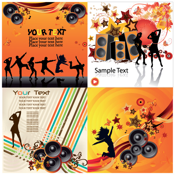 4 Music Party Dancing Silhouette Backgrounds web vector unique ui elements stylish stripes stereo speakers stars silhouettes set retro quality poster people original new music poster music interface illustrator high quality hi-res HD graphic fresh free download free eps elements download detailed design dancing people silhouettes dancing creative background abstract   