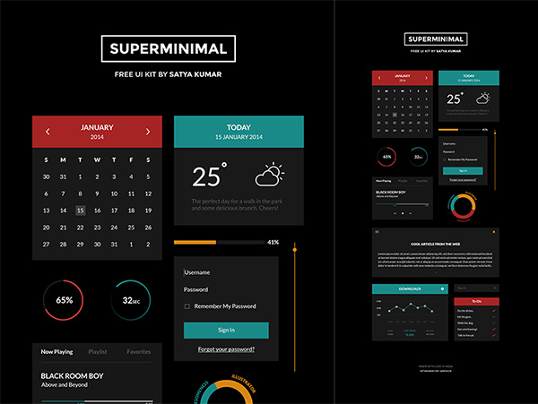 Superminimal Dark Web UI Elements Kit weather widget ui set ui kit ui elements set minimal login graphs free download free downloader dark calendar black   