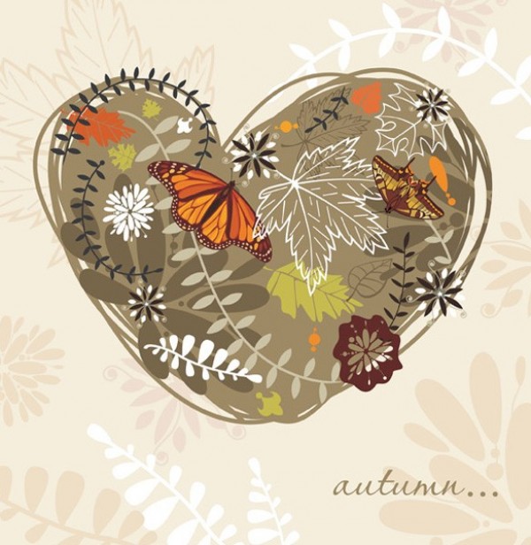 Autumn Butterfly Heart Vector Background web vector unique stylish red quality original orange leaves leaf illustrator high quality heart graphic fresh free download free floral download design creative butterfly background autumn theme autumn   