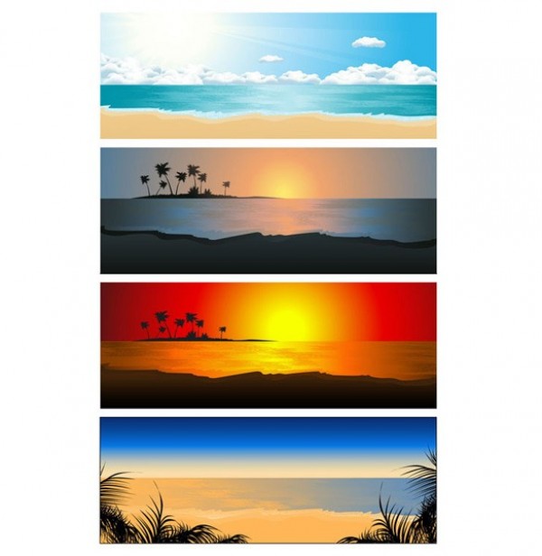 4 Tropical Beach Sunset Vector Banners waves vector unique tropical sunset sun stylish sea level quality palm tree original ocean light landscape illustrator high quality graphic glow free download free download creative coast beautiful banners banner background   