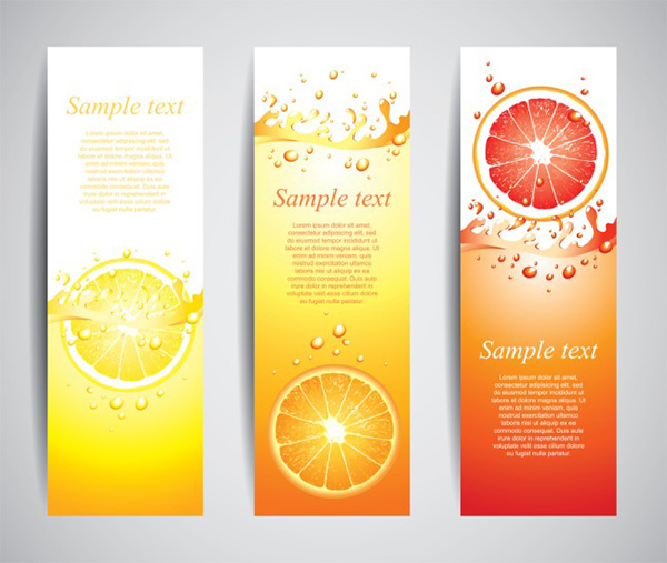3 Juicy Citrus Slice Splash Vertical Banners Set vertical banner vertical vector splash set orange lemon juice free download free citrus banners   