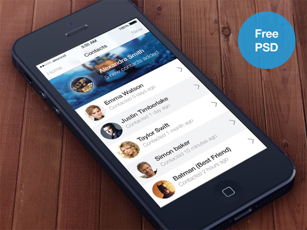 Creative iOS7 Contacts App Interface web unique ui elements ui stylish quality psd original new modern list iOS7 contacts app interface image header hi-res HD fresh free download free elements download detailed design creative contacts app contacts clean circular images avatars app   
