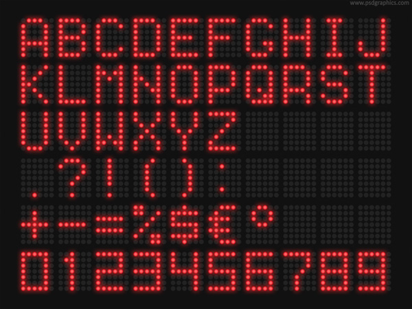 Red LED Font Alphabet Numbers ui elements symbols set red led font red psd numbers led font led interface free download free font download alphabet   