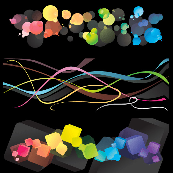 3 Colorful Abstracts on Black Backgrounds Set web wavy lines waves vector unique ui elements stylish squares set quality original new interface illustrator high quality hi-res HD graphic fresh free download free elements download detailed design cubes creative colorful circles bokeh black background abstract   
