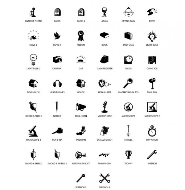 44 Everyday Things Mixed Vector Icons Pack wrench web icons web vector unique ui elements sword and shield stylish shapes set radio quality phone pack original new mixed microphone interface illustrator icons home high quality hi-res HD gun graphic fresh free download free elements download detailed design creative coffee clock cash register book black baby   