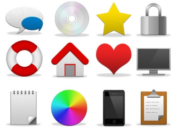 12 Colorful Web Media Icons Set PSD web unique ui elements ui stylish star set quality psd original notepad new monitor modern lock Life Saver interface icons house hi-res heart HD fresh free download free elements download disc detailed design creative colorful clipboard clean chat bubble cellular cd   