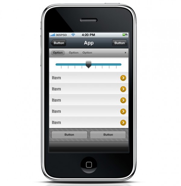 iPhone Interface with Slider Selector PSD web unique ui elements ui stylish slider selector simple quality original new modern iphone app interface hi-res HD fresh free download free elements download detailed design creative clean button   