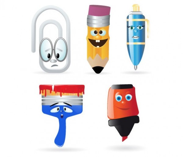 Cartoon Style Writing Tools Vector Icons Set writing web vector unique ui stylish school quality pencil pen paperclip paintbrush original office supplies new kit interface illustrator high quality hi-res HD graphic fresh free download free felt pen elements download detailed design creative   