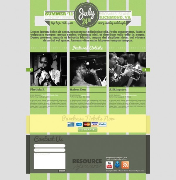 Attractive Events Website Template PSD website web unique ui elements ui tickets template stylish quality psd original online new music invitation music modern interface hi-res HD fresh free download free events website events elements download detailed design creative contact form concert website concert clean artists   
