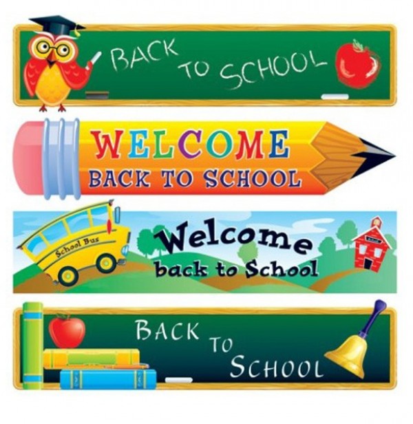 4 Colorful Back to School Banners Set web vector unique ui elements stylish set school bus school banners sale quality pencil owl original new interface illustrator high quality hi-res HD graphic fresh free download free eps elements download detailed design creative colorful banners back to school banner Back to school apple   