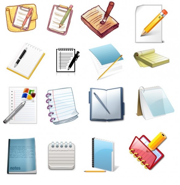 16 Detailed Notepad Styles Icons Set PNG web unique ui elements ui stylish simple realistic quality png pen original notes notepad notebook new modern interface icons icon hi-res HD hand drawn fresh free download free elements download detailed design creative clean   
