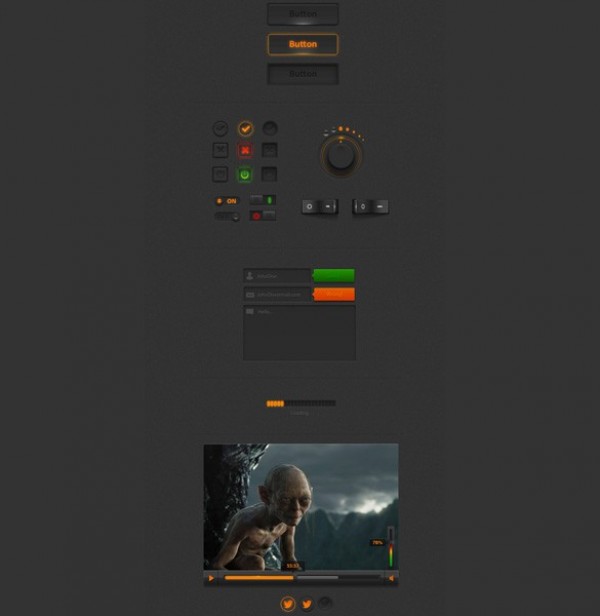 Dark Immaculate Web UI Elements Kit PSD web volume control video player unique ui set ui kit ui elements ui twitter icons toggles switches stylish set quality progress bar power button original orange notification buttons new modern luminous knob kit interface input box illuminated hi-res HD fresh free download free elements download detailed design dark ui kit dark ui elements dark creative colorful clean check boxes buttons active state   