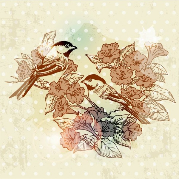Quaint Birds with Flowers Vintage Background web vintage vector unique ui elements stylish retro quality original new interface illustrator high quality hi-res HD hand drawn grunge graphic fresh free download free flowers floral European eps elements drawing download dotted detailed design delicate creative bird art   