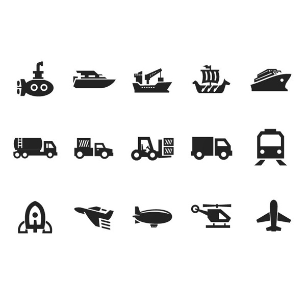 15 Clean Transportation Vector Icons Set web vector unique ui elements truck transportation icons transport icons train submarine stylish silhouette shipping ship set rocket quality original new interface illustrator icons high quality hi-res helicopter HD graphic fresh free download free forklift eps elements download detailed design creative boats blimp black barge airplane   