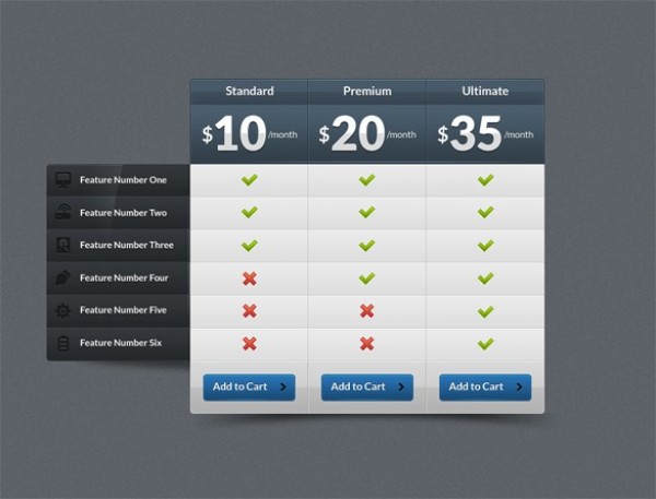 Modern 3 Column Pricing Table Interface PSD web unique ui elements ui tabs table stylish side tabs quality psd professional pricing table price original new modern interface icons hi-res HD fresh free download free elements download detailed design creative comparison clean 3 column   