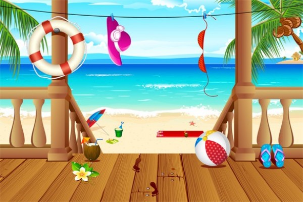 Tropical Beachside Vacation Vector Illustration web vector vacation unique ui elements tropics tropical sunhat stylish sea sand quality porch original ocean new island interface illustrator holiday high quality hi-res HD graphic getaway fresh free download free flower eps elements download detailed design deck creative cabin beachball background   