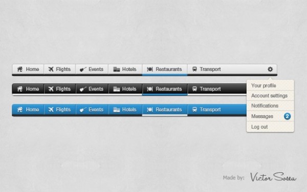 3 Slim Web Navigation Menus with Dropdown PSD web unique ui elements ui travel stylish slim simple restaurants quality psd original new navigation menu navigation modern menu interface hotels hi-res HD grey fresh free download free flights elements dropdown download detailed design creative clean buttons blue black   