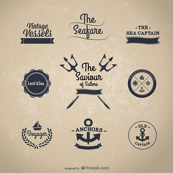Authentic Nautical Stickers Vector Set vector ship set sea pitch fork ocean nautical stickers nautical label free download free captain badge anchor   