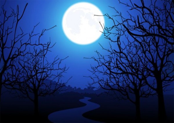 Blue Full Moon Silhouette Vector Background web vector unique tree silhouette stylish silhouette quality original illustrator high quality graphic full moon fresh free download free download design dark creative blue moon blue background   