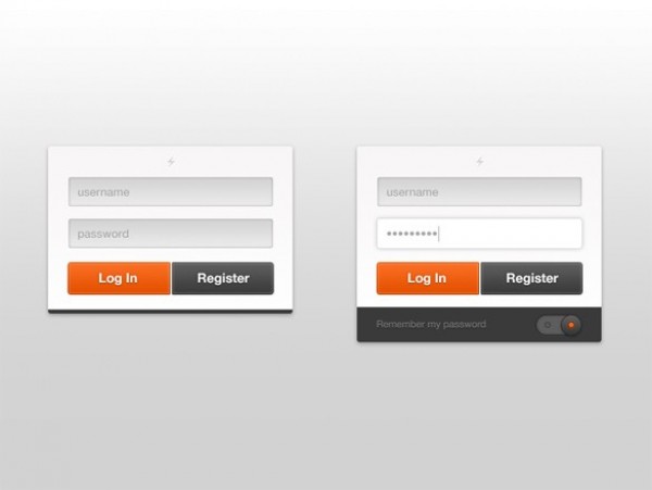 White Two-Part Login Form PSD widget white web unique ui elements ui toggle switch stylish signin remember register quality psd panel original orange new modern login interface hi-res HD fresh free download free form field elements dropdown download detailed design creative clean box black   