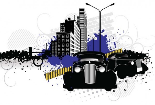 City Skyline with Antique Cars Vector Scene web vector unique stylish skyline scene retro quality original old cars illustrator high quality grunge graphic gangster cars fresh free download free download design creative city antique cars abstract   