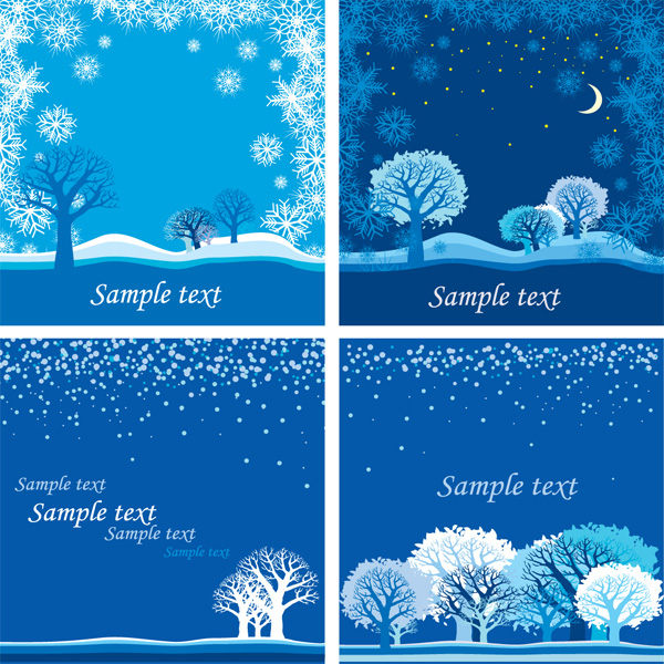 4 Winter Scene Card Backgrounds Set wintertime winter vector trees snowy snowing snowflakes snow scene moon free download free card background   