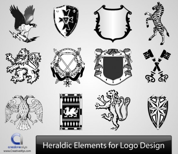 12 Heraldic Elements Logo Design Set web vectors vector graphic vector unique ultimate sword shield quality photoshop pack original new modern logo lion illustrator illustration high quality heraldic fresh free vectors free download free elements eagle download design crossed swords creative arms ai   