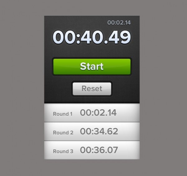 Amazing iPhone Stopwatch Green Button PSD web unique ui elements ui timer stylish stopwatch smartphone quality psd original new modern mobile iPhone stopwatch interface hi-res HD green button fresh free download free elements download detailed design creative clean app   