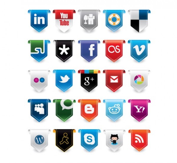 25 Curled Flag Style Social Media Vector Icons Set web vector unique ui elements stylish social media social icons set social set ribbon quality pack original new networking interface illustrator icons high quality hi-res HD graphic fresh free download free flag eps elements download detailed design curled ribbon creative colorful bookmarking ai   