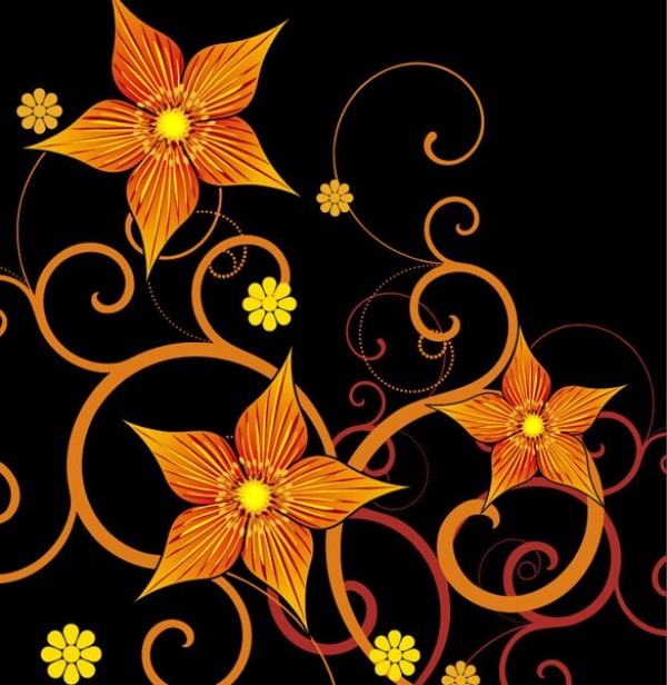 Bold Orange Floral Art on Black Vector Background yellow web vector unique stylish quality original orange illustrator high quality graphic fresh free download free flowers floral eps download design creative black background artwork art   