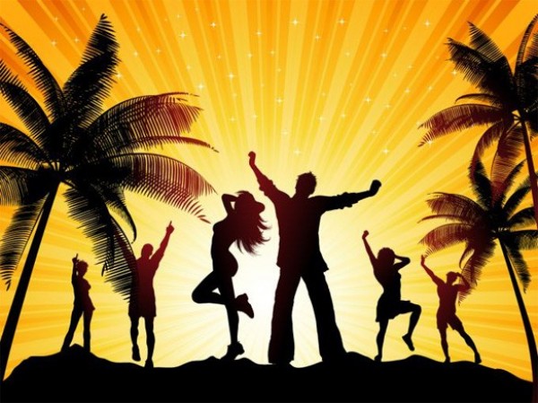 Tropical Sunset Beach Party Silhouette Background web vector unique tropical sunset stylish silhouette quality people party silhouette party palms palm trees original illustrator high quality graphic fresh free download free download design dancing creative beach background   