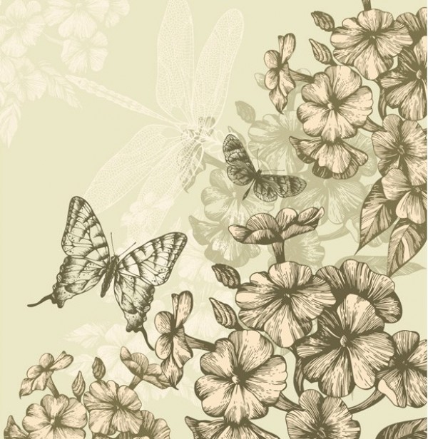 Vintage Floral Butterfly Vector Background web vintage vector unique ui elements stylish quality pattern original new interface illustrator high quality hi-res HD hand painted hand drawn graphic fresh free download free flowers floral eps elements download detailed design creative card butterflies background   