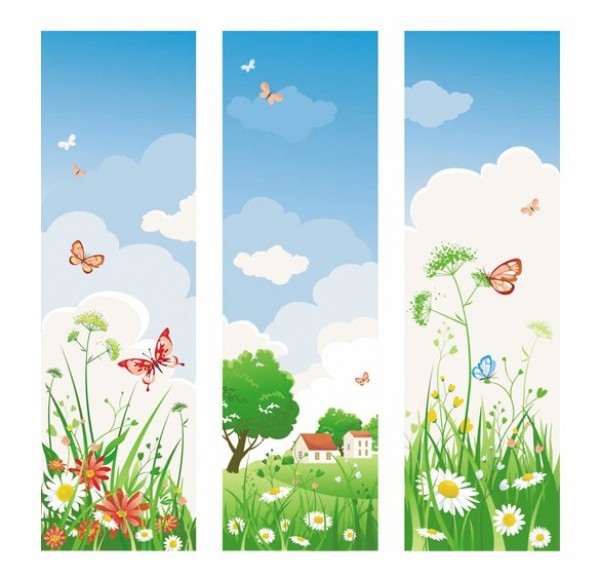 3 Sunny Spring Butterfly Floral Vector Banners web vertical vector unique ui elements sunny stylish spring quality original new interface illustrator high quality hi-res HD graphic fresh free download free flowers floral elements download detailed design daisy daisies creative butterflies banners banner   
