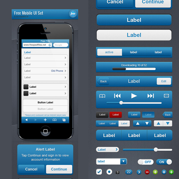 Crisp Blue Mobile UI Elements Kit PSD web unique ui elements blue ui elements ui stylish set select boxes retina radio buttons quality psd progress bars player original notifications new modern mobile ui elements labels iphone interface hi-res HD fresh free download free elements download detailed design creative clean buttons blue   