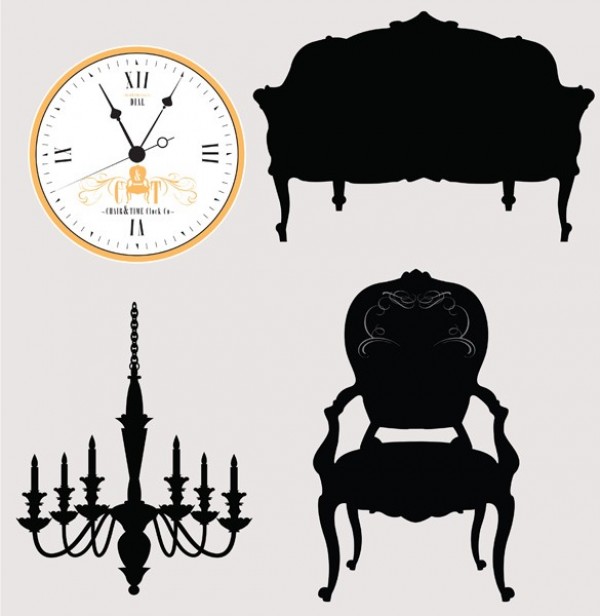 Vintage Furniture Clock Vector Graphics web vector unique ui elements stylish sofa silhouettes queen anne quality original new interface illustrator high quality hi-res HD graphic furniture fresh free download free elements download detailed design creative clock chandelier arm chair antique   