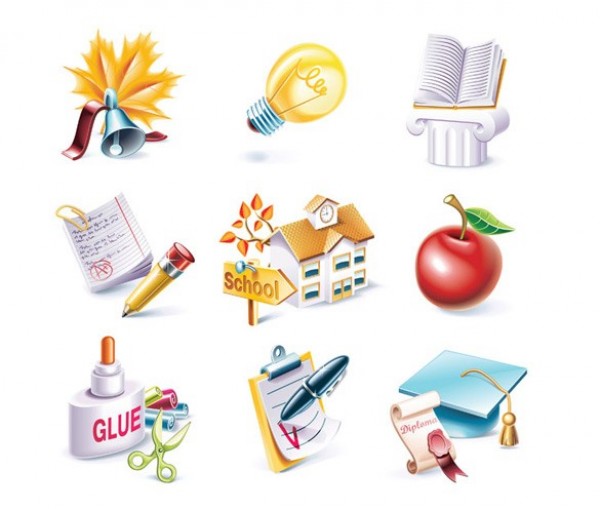 9 Practical School Theme Vector Icons Set web vector unique ui elements stylish school icons school quality pen original notebook new light bulb interface illustrator icons high quality hi-res HD graphic glue fresh free download free elements download diploma detailed design creative book bell   