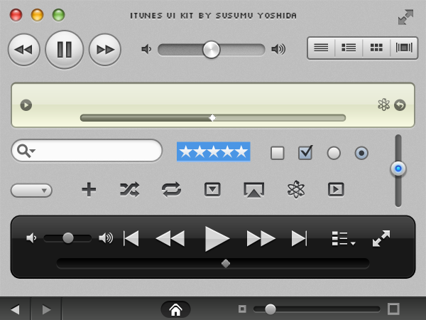 iTunes Player UI Elements Kit volume ui elements ui sliders slider search box PSD material progress bar player buttons pause itunes interface design grid view free download free check boxes   