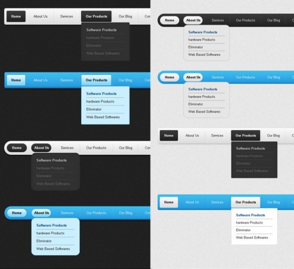 4 Crisp Clean Navigation Menus Set PSD web unique ui elements ui stylish square set rounded quality psd original new navigation menu navigation modern menu light interface hi-res HD grey fresh free download free elements download detailed design dark creative clean blue bar   