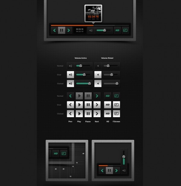 Dark Web UI Video Player Kit PSD web volume video player unique ui elements ui stylish states sleek quality psd player original new modern interface hi-res HD fresh free download free elements download detailed design dark creative clean   