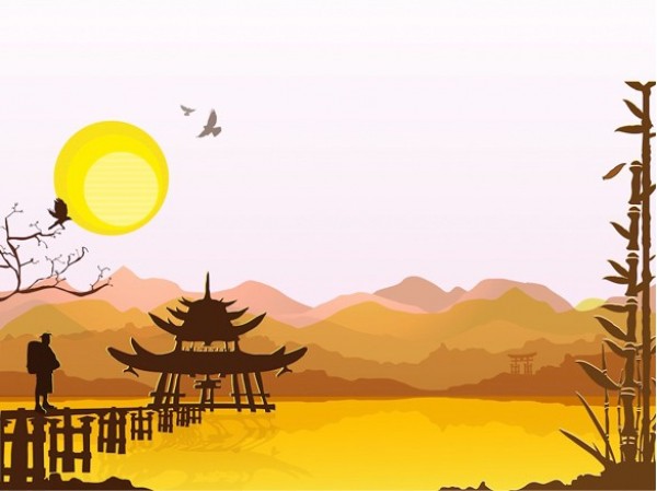 Eastern Asia Lake Scene Vector Background web vector unique ui elements sun stylish quality pdf pagoda original new mountains landscape interface illustrator high quality hi-res HD graphic fresh free download free elements eastern download detailed design creative bamboo background Asian ai   