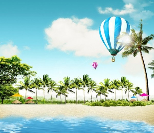 Tropical Beach with Air Balloons Background PSD web unique ui elements ui tropical stylish scene sand quality psd original ocean new modern interface hi-res HD fresh free download free elements download detailed design creative clean beach background air balloon   