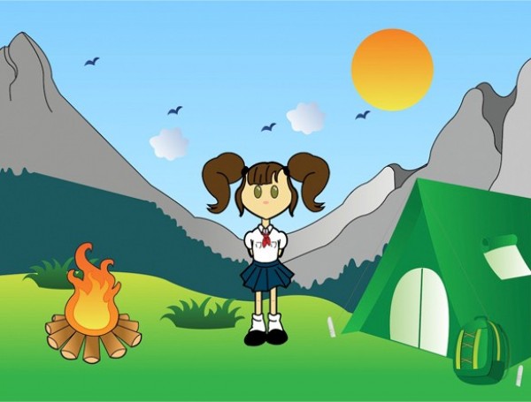 Cartoon Girl Scout Mountain Vector Scene wood web vector unique ui elements tent sun Summit stylish Scout Vector quality original new mountain meadow interface illustrator high quality hi-res HD grass graphic girl scout girl fresh free download free forest fire elements download detailed design creative clouds cartoon camp bonfire birds backpack background   